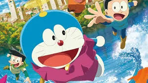 Poster film Doraemon Nobita's Art World Tales menampilkan Doraemon dan teman-temannya di dunia lukisan yang berwarna-warni.